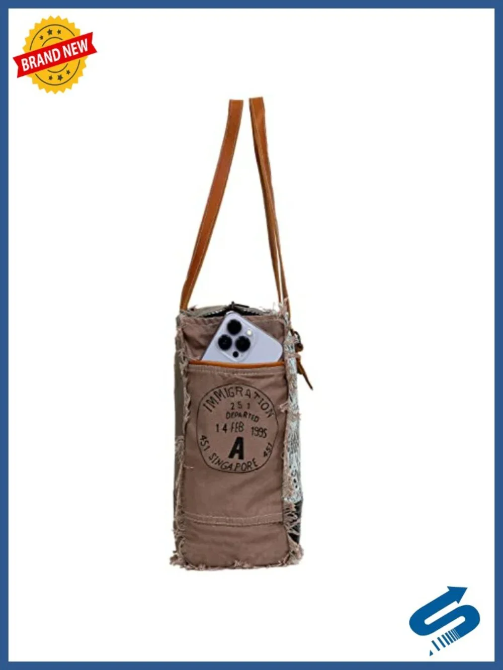 Canvas Handbag with Cowhide Leather Trim - Tote Bag for Women